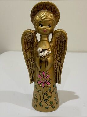 Vintage Gold Angel Figurine w Dove Chalkware Statue Mid Century Decor 11” CHIP